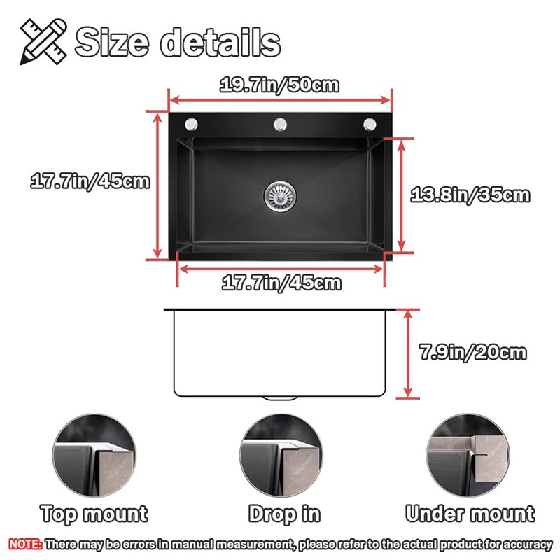 19.7 * 17.7in Drop In Kitchen Sink,Black Stainless Steel Single