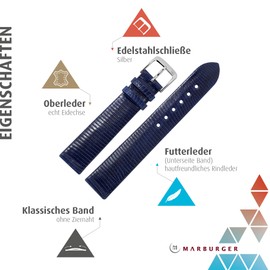 MARBURGER Watch Strap 18 mm Leather Lizard Tool Assembly Set 83318, blue/silver, Strap.