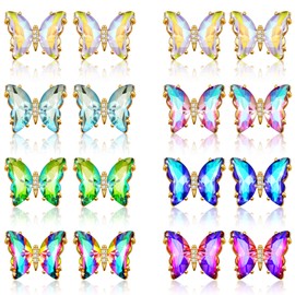 Bonuci 8 Pairs Butterfly Earrings for Women Rhinestone Cute Earrings Butterfly Wing Earrings Crystal Rainbow Colors Butterfly Ear Stud Jewelry Birthday Valentine's Day Gift Small
