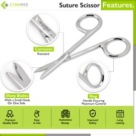 Suture Stitch Scissors 3.5" with Crescent Delicate Hook- Perfect for Suture Removal, First Aid, EMS Training and More Premium Quality Instrument- Stainless Steel