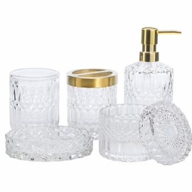 5Pcs Glass Bathroom Accessories Complete Set, Lotion Dispenser, Soap Dish, Toothbrush Holder, Tumbler, Cotton Swab Jars, Modern Bathroom Decor and Gift Set (White)