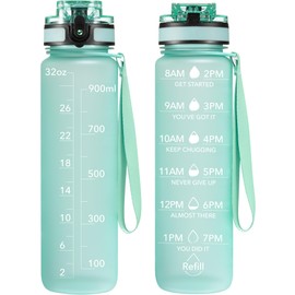 OLDLEY Water Bottles, 32oz Motivational Sports Water Bottle with Time Marker - Times to Drink - Tritan, BPA Free, Wide Mouth Leakproof, Mint Matte (1 Pack)