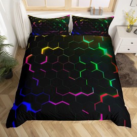 Homewish Geometric Single Duvet Cover Set for Kids Adults, Rainbow Gradient Black Bedding Bedroom Decor, Retro Neon Comforter Cover Sparkling Hexagon Quilt Cover, Blue Red Green Pink Yellow