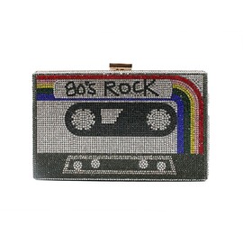 WYZIG Women Retro Radio Tape-shape Rhinestone Clutch Purse Vintage Crystal Evening Handbag Party Cocktail Shoulder Bag, Grey