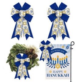 Glodecart 2PCS Hanukkah Bow for Wreath, Burlap Blue Star of David Wreath Bow for Hanukkah Party Décor Jewish Hebrew Christmas Bow for Front Door Indoor Outdoor Tree Topper Decoration Supplies Ornament
