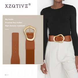 XZQTIVE Women Wide Elastic Waist Belt for Dresses Fashion Big Gold Buckle Stretchy Leather Waistband for Ladies, Brown, 90cm