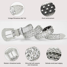 Monopa Kids Rhinestone Western Belt - Cowboy Cowgirl Belts with Bling Diamond Studded and Sequin Leather Belt for Jeans (80cm, Silver)