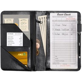 Server Book for Waitress – PU Leather Cute Server Organizer with Zipper Pocket, Card & Money Holder, Pen Loop – Fits Apron – Waitress Book for Servers, Excited Cat