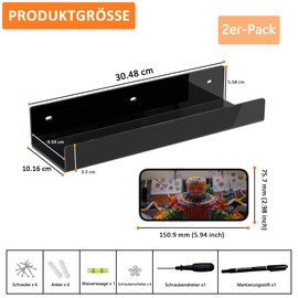 Hexsonhoma 30 cm Black Acrylic Wall Shelf for Home, Pack of 2, Acrylic Organiser Shelves for Wall, Wall Mounted Storage Shelf