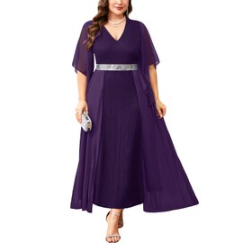 ZOMVA Plus Size Formal Dress V Neck Chiffon Handkerchief Sleeve Mother of Bride Dresses Wedding Guest Party Evening Gown, Dark Purple, 0X