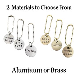 3 Piece Soap Dispenser Labels - Hand, Dish & Lotion Bottle Tag Set - Hand-Stamped Brass or Aluminum - Guest Bathroom & Kitchen Organization - Silver or Gold Color (Gold (Brass))