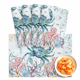 LBCASA Blue Crab Coastal Placemats Set of 4, Washable PVC Kitchen Table Mats, Summer Nautical Coral Woven Vinyl Placemat for Dining Table