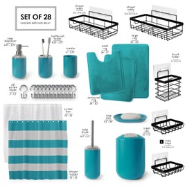 Clara Clark Bathroom Accessories Set - 28PC Bathroom Set with Adhesive Corner Shower Caddy Hanging, Bathroom Sets with Shower Curtain and Rugs, Teal Shower Curtain Set with Bathroom Trash Can