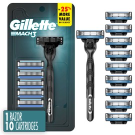 Gillette Mach3 Shaving Razor for Men, 1 Gillette 3-Blade Handle for Men’s Grooming, 10 Razor Blade Refills, Lubrication Strip