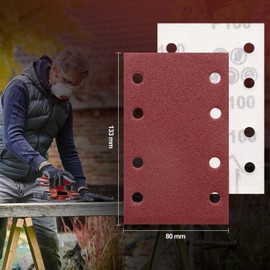 Sruhrak 80 x 133 mm Sandpaper, 50 Pieces Sanding Sheet 100 Grit Set Rectangular Sanding Sheet Velcro 8 Holes Sanding Pad for Orbital Sander