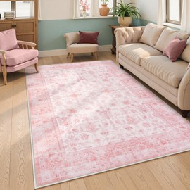 LIVEBOX Pink Area Rug 5x7, Vintage Living Room Rug Machine Washable Area Rugs, Pink Rugs for Bedroom Girls, Indoor Carpet for Dining Room Nursery Dorm Home Decor
