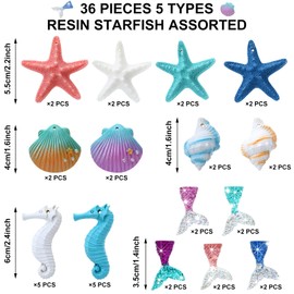 Yerliker 36 Adornos Colgantes con Temática Océano Multicolor Adornos Colgantes Surtido de Caballito de Mar Lápiz Dedo Estrella de Mar de Resina con Cuerdas para Decoración Boda Red de Pez