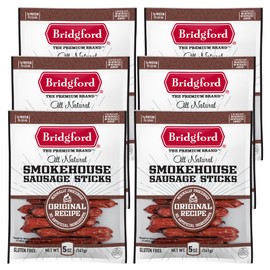 Bridgford Smokehouse Sausage Sticks Original 5 oz Pack of 6 - Gluten free High Protein Smoked Sausage Sticks for a Variety of Dietary Preferences - Ready-to-Eat Sausage Sticks for On-the-Go Snacking