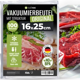 culivac Vacuum Bags 100 Vacuum Bags 16 x 25 cm Premium, Foil Bags for Any Film Sealer Vacuum Sealer Vacuum Sealer Original Sous Vide, Made in Germany, BPA-Free