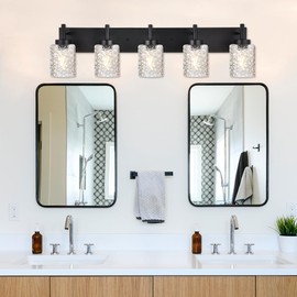 VINLUZ 5 Light Metal Vanity Wall Mounted Bathroom Lighting Fixture in Classic Matte Black with Clear Glass Shades for Hallway