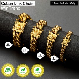 WinTrend Gold Cuban Link Chain Necklace or Bracelet with Design Box Clasp for Men 18K Gold Stainless Steel Hip Hop Miami Curb Chains(10MM, 7.5")