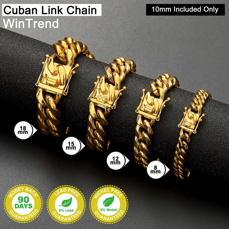 WinTrend Gold Cuban Link Chain Necklace or Bracelet with Design