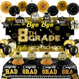 Rtteri 70 Pcs 8th Grade Graduation Decorations Set Congrats Grad Banner, Bye Bye 8th Grade Hello High School Backdrop, Balloons Streamers Kit Complete Party Supplies for High School(Black and Gold)