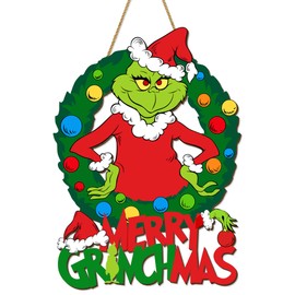 Christmas Door Decorations Hanging Sign, Merry Christmas Front Door Decor, Christmas Wooden Wreath Ornaments for Home Outdoor Indoor Wall, Christmas Door Hanger Xmas Holiday Party Supplies