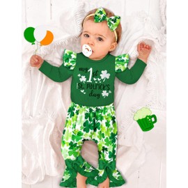 ADIFUN St Patricks Day Baby Girl Outfit 6-9 months My First St Patricks Day baby girl outfit Ruffle Romper + Bell Pants + Headband 3Pcs Spring Outfit