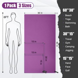 Haoteey Quick Dry Travel Towel, 3 Sizes 1 Pack Camping Microfiber Towel, Lightweight Fast Drying Towels Set 60"x30", 30"x15", 15"x15" w/Bag for Gym, Beach, Hiking, Swimming, Purple