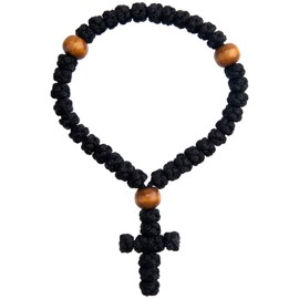 Pndeyo Handmade 33 Knot Prayer Rope, Traditional Christian Orthodox Greek Russian Komboskoini Prayer Rope, Blessed Cross Car Hanging Charms- Black