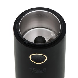 Adler AD 4446bg Elektrische Kaffeemühle aus Edelstahl, 150 W, Füllmenge bis zu 75g, Mühle für Kaffeebohnen, Kaffeemühle mit Sicherheitsblockade, schwarz-golden