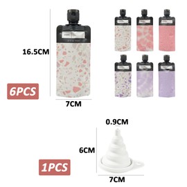 Pack of 6 90 ml squeeze travel bottles and 1 funnel, toiletry bag for travel, bag for bottled liquids, cosmetic containers for divided storage (pink, purple)