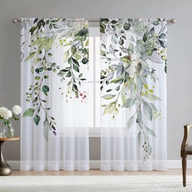Fereyis Green Eucalyptus Leaves Curtains for Living Room 63 inch Length 2 Panels Set Elegant Wild Flower Floral Spring Printed Window Curtain Natural Sheer Chiffon Drapes for Bedroom
