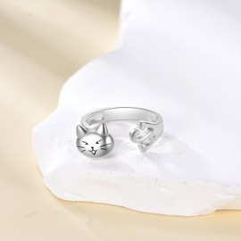 Grmdit Cat Anxiety for Women Ring Sterling Silver Cat Spinner Fidget Rings Relieve Open Adjustable Thumb Rings Stress Jewelry Gifts for CatLovers