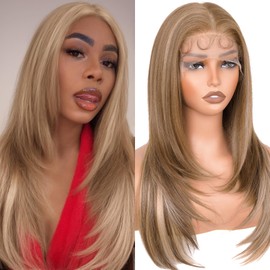 PREMPO 13x6 HD Lace Front Wigs for Women, Synthetic Wigs Wear and Go Glueless Wig with Baby Hair, Pre Plucked Layered Long Straight Wig, Heat Resistant (Highlight Blonde, 24 Inch)