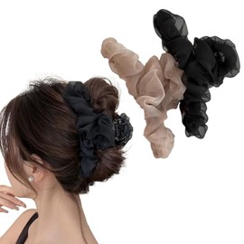 Alpha Depot バンスクリップ 大きめシフォンクリップ 韓国風 【ブラック×ベージュ2点セット】ヘアアクセサリー レディース用 エレガントでしっかり留まる髪留め 可愛いデザイン 普段使いからギフトにも最適