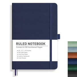 RETTACY Notebook Lined A5, Journal Diary with 192 Numbered Pages, 100 gsm Notebooks, Inner Pocket, Hardcover Book for Office, School, Work, Women, Men, 14.8 x 21 cm - Blue