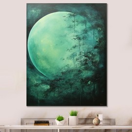 DesignQ Moon Wall Art, Spooky Moonlit Fog with a Jade Jewel Hue I, moon Large Wall art decor, Green Canvas wall art, 34x44 inches