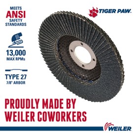 Weiler 51109 Tiger Paw High Performance Abrasive Flap Disc, Type 27 Flat Style, Phenolic Backing, Zirconia Alumina, 4-1/2" Diameter, 7/8" Arbor, 60 Grit, 13000 RPM (Pack of 10)