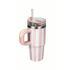 14 oz/413 ml Tumbler with Handle and Straw, Kid Tumbler with Lid and Straw, 304 Stainless Steel Child Tumbler, School Sports Outdoor (Pink Stripes)
