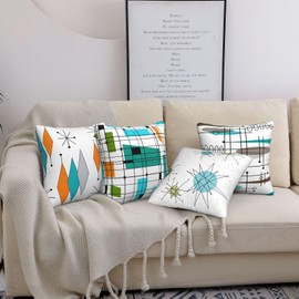 QUALKNOY Velvet Midcentury Cushion Covers 45x45cm Set of 4 Modern Throw Pillow Cover Teal Grid Pillowcase Atomic Stars Bursts Orange Pillow Cases Home Decor Pillowcases