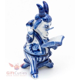 Gzhel porcelain figurine Historian Goat on a chair reading book handmade Гжель