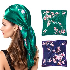 Win Change Head Scarf for Women - 35" Square Silk Like Head Scarf for Women's Hair Scarf Bandanas for Women with Gift 2Pcs Packed(Flowers)