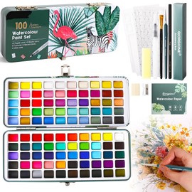 Acuarelas Profesionales 100 Color, Set de Acuarela con Caja Colorida | Contiene Acuarelas Metalicas, Pinceles, Paletas, Borradores, Lápiz, Adecuados p