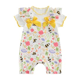 XIXIMAON Infant Baby Girl Summer Romper Short Sleeve Floral Bee Print Bow Jumpsuit Cute Newborn Clothes One Piece Bodysuit (Yellow, 9-12 Months)