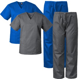 Medgear 2-Pack Scrubs for Men and Women Scrubs Set Medical Uniform Scrubs Top and Pants Charcoal/Royal