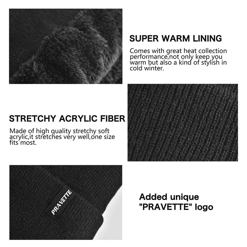 PRAVETTE Winter Beanie Hat with Warm Lining - Unisex Knit