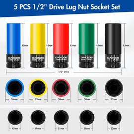 DAKCOS 1/2" Drive Impact Lug Nut Socket Set, 5PCS Metric 17 19 21MM & SAE 13/16 7/8INCH Wheel Socket Set, Thin Wall Socket Set with Colored Protective Covers