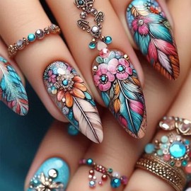 CurvLife Uñas Postizas Acrílicas Con Punta A Presión, Diseño De Cobertura Total Para Mujer, Kit Reutilizable Con Pegamento, Pestañas Adhesivas Y Lima (Pavo Real, Largo).